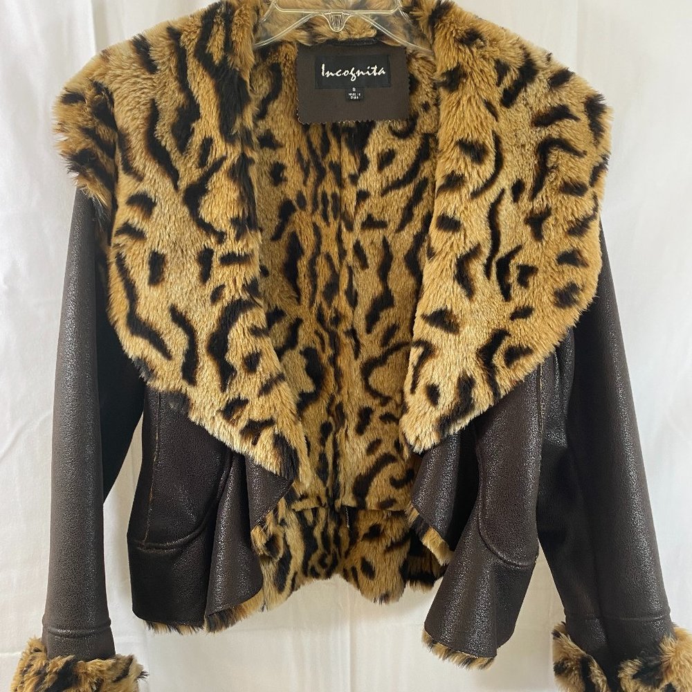 SOLD Incognita Brown Faux Leather Animal Print & Fur Lined Jacket NWOT - Picture 1 of 16